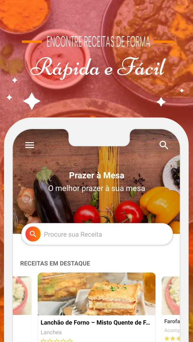 Tela inicial do app Prazer à Mesa com busca e receitas em destaque